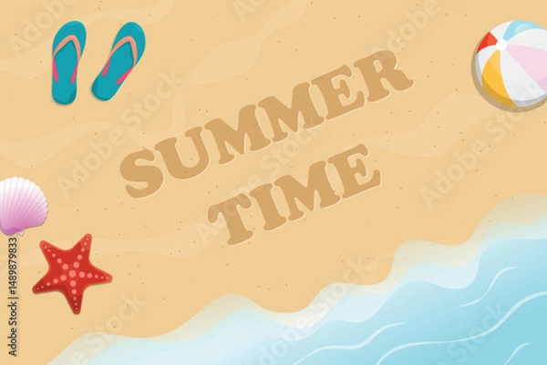 Obraz Summer time text on sand with beach ball balloon, sea star, seashell, and flip flop. Top view sea surf background.
