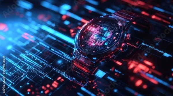 Fototapeta Futuristic Smartwatch on Glowing Data Matrix Background