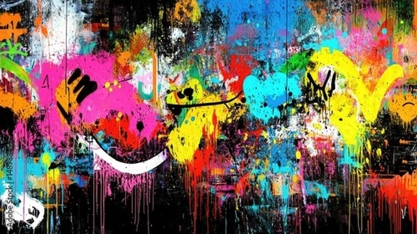 Fototapeta Vibrant abstract artwork featuring dynamic splashes and drips of multicolored paint on a dark background