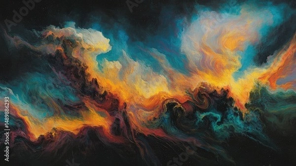 Fototapeta Abstract swirling nebula with vibrant hues of teal, orange, and deep purples, resembling a cosmic landscape