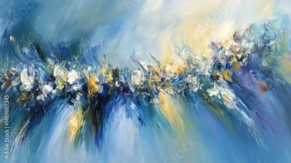 Fototapeta Abstract painting; swirling blues, whites, and yellows create a dynamic, energetic composition