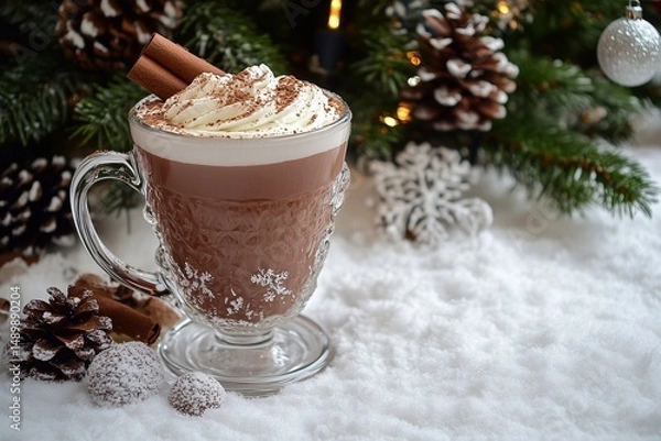 Fototapeta A cup of cocoa - a cup of warm drink against the background of Christmas tree, generated AI