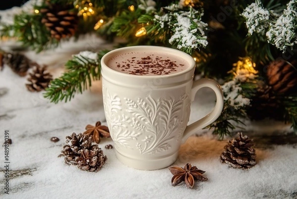 Fototapeta A cup of cocoa - a cup of warm drink against the background of Christmas tree, generated AI