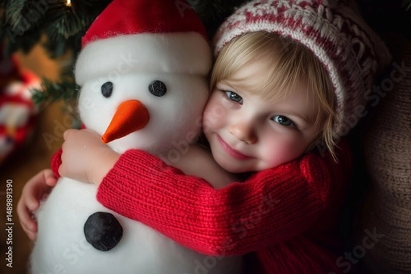 Fototapeta A small child hugging a stuffed snowman, generated AI
