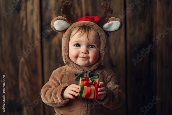Fototapeta A toddler dressed in a Christmas reindeer costume, generated AI