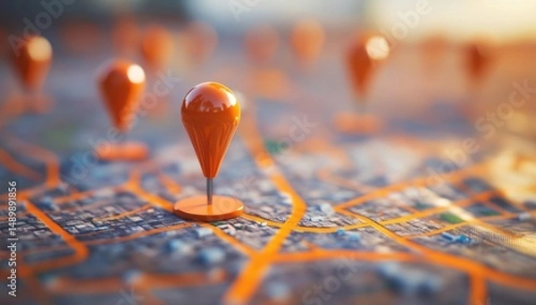 Fototapeta Urban map with multiple orange location pins