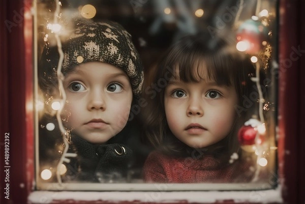 Fototapeta Children looking out the window, generated AI