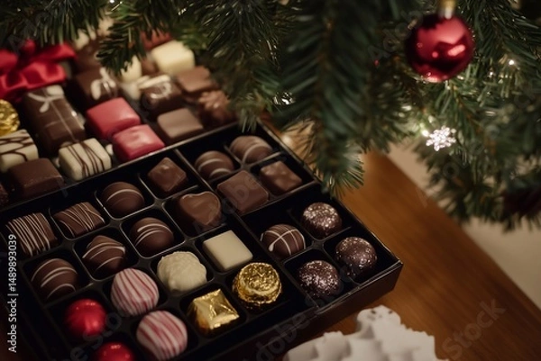 Fototapeta Chocolates under the Christmas tree, generated AI