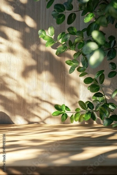 Fototapeta Sunlight dappled wooden surface with lush green foliage casting shadows.  A serene, minimalist scene ideal for product display or background