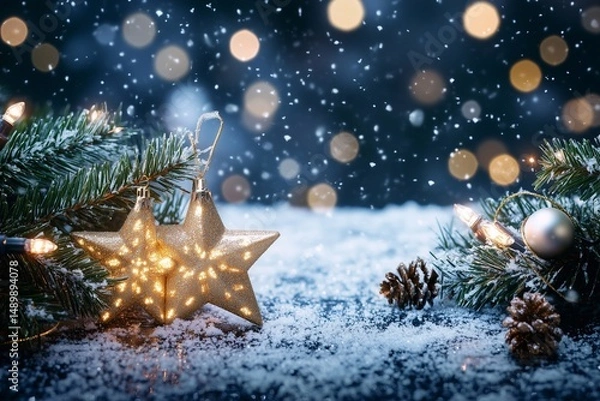 Fototapeta Christmas night with shining stars and sparkling snow, generated AI