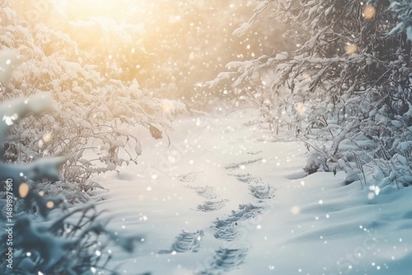 Fototapeta Deer tracks in the snow, generated AI