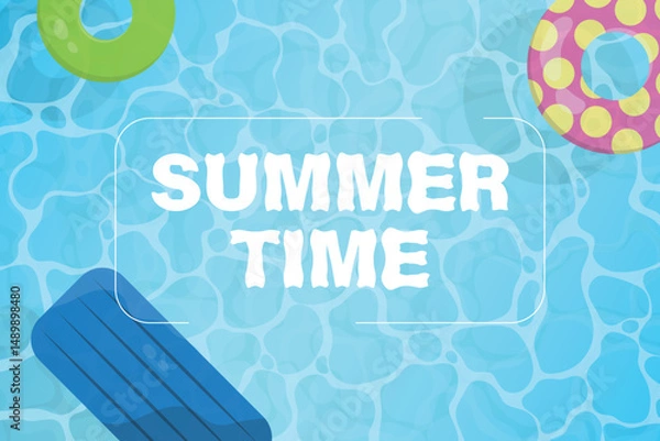 Obraz Swimming pool top view background. Summer time text with a rubber raft and colorful swimming balloons floating on water.