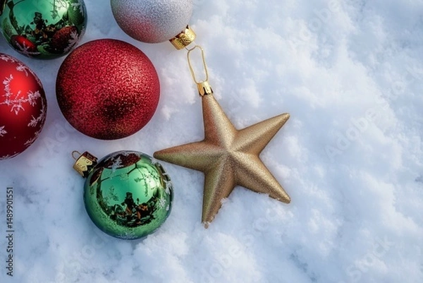 Fototapeta Red and green Christmas balls and a gold star in snow, generated AI