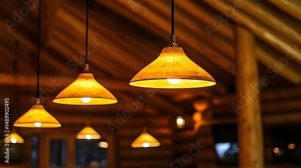 Fototapeta Warm, inviting lighting fixtures within a rustic cabin.