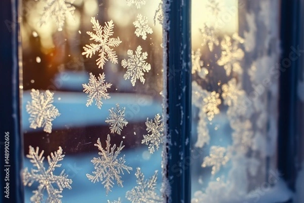 Fototapeta Snowflakes reflecting on the windows, generated AI