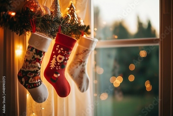 Fototapeta Christmas Stockings on the curtains, generated AI