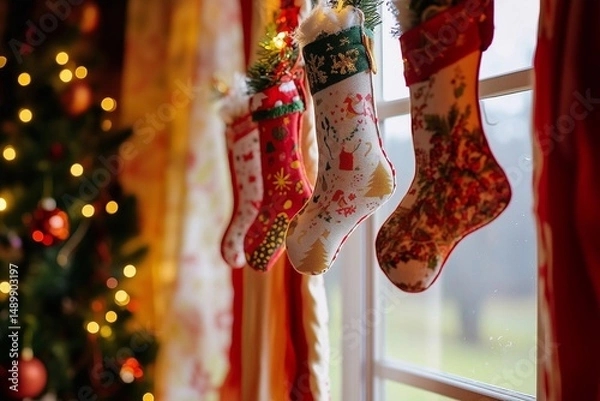Fototapeta Christmas Stockings on the curtains, generated AI