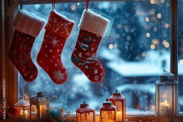 Fototapeta Christmas Stockings on the window, generated AI