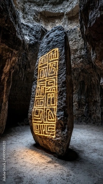 Obraz Ancient Stone Tablet with Intricate Symbols Illuminated in a Cave Surrounded by Natural Rock Formations
