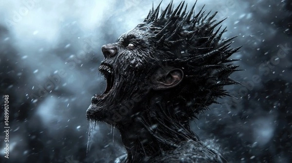 Obraz Intense Expression of Emotion with Dark and Elemental Themes in a Powerful Portrait of a Fiery Character Amidst Stormy Background
