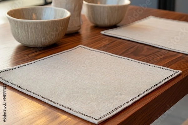 Fototapeta Two square placemats on a wooden table.