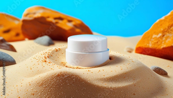 Fototapeta A visually striking scene featuring a white cosmetic cream jar partially buried in soft, golden sand.