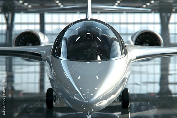 Fototapeta Exploring the Future of Flight: A Sleek, Futuristic Aircraft Design in a Modern Hangar Setting.  Witness the Innovation and Engineering Marvel of this Advanced Aircraft Prototype.