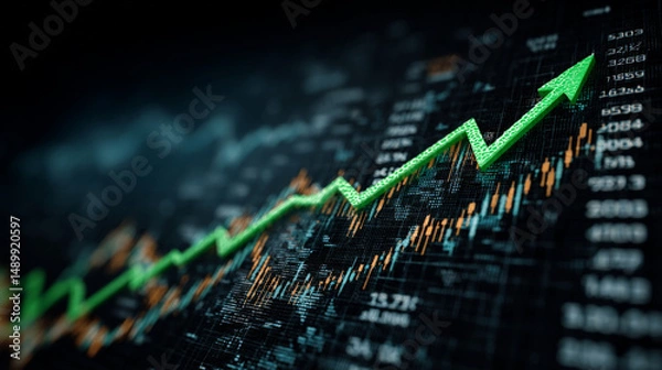 Fototapeta A dynamic digital visualization of a green arrow soaring upward across a financial graph, symbolizing strong business growth and a positive market trend. Generative AI
