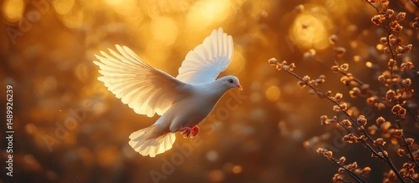 Obraz White Dove in Flight at Golden Hour, Soft Light and Warm Colors