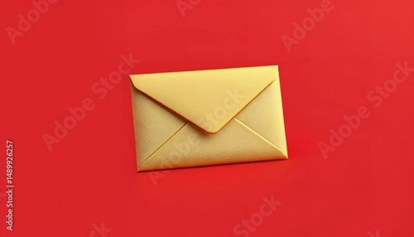 Fototapeta A golden  hued envelope placed on a vibrant red background, simple and eye  catching. 