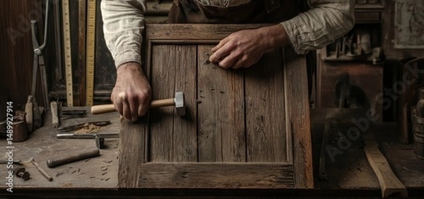 Obraz Woodworker crafting with antique tools