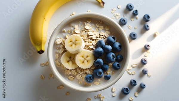 Fototapeta Bowl of oatmeal with sliced banana and blueberries on a white surface