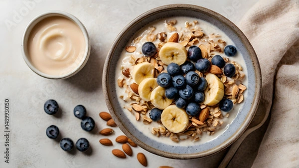 Fototapeta Bowl of granola with yogurt, banana slices, blueberries, and almonds on a textured surface next to a bowl of yogurt