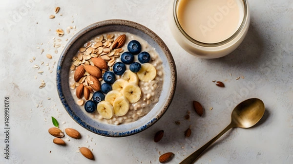 Fototapeta Oatmeal bowl with banana slices, blueberries, almonds, and oats served with milk on a textured surface