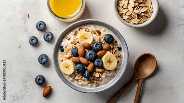 Fototapeta Bowl of oatmeal with banana slices, blueberries and almonds on a stone background