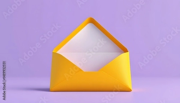 Fototapeta A bright yellow envelope with an open  flap revealing a white interior, set against a purple background. 