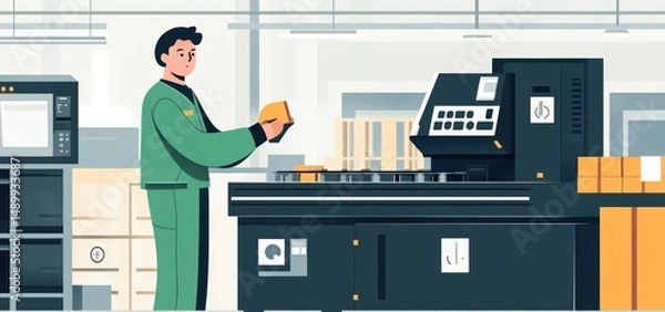 Obraz Worker places item on industrial machine in warehouse