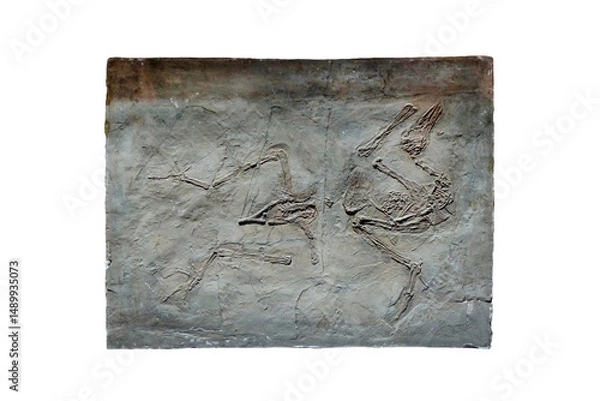 Obraz Yanornis bird fossil on a stone slab isolated on white background.