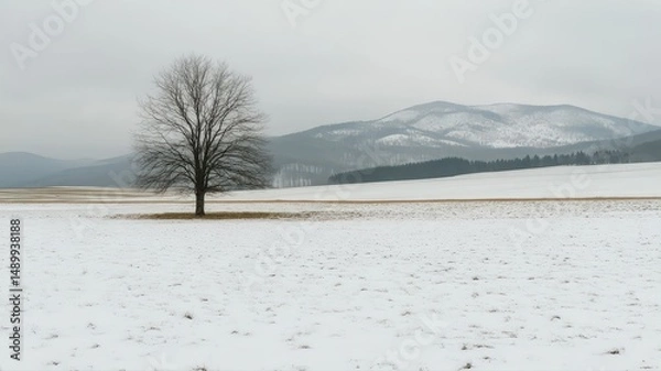 Obraz Lonely Bare Tree on a Snow-Covered Winter Field with Cinematic Cold Tone