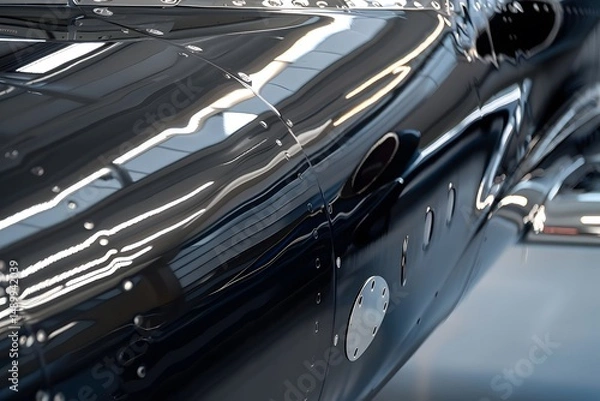 Obraz Sleek, Black Aircraft Body Reflects Light, Showcasing Rivets and Polished Surface with Exceptional Detail, Highlighting the Beauty of Aeronautical Design and Engineering.