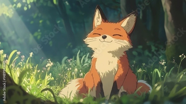 Fototapeta Cartoon fox in forest clearing