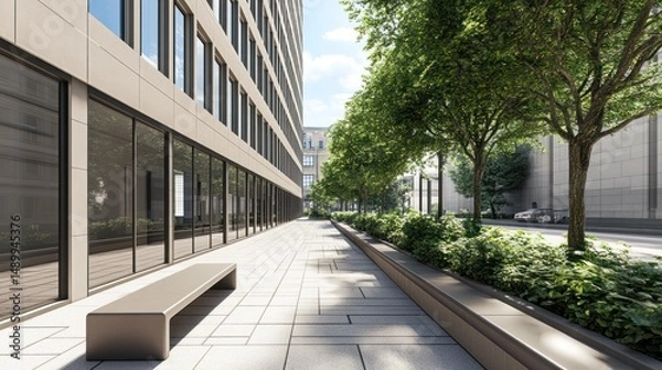 Obraz Modern city walkway, trees, sunlight, building.  Urban design, architectural visualization