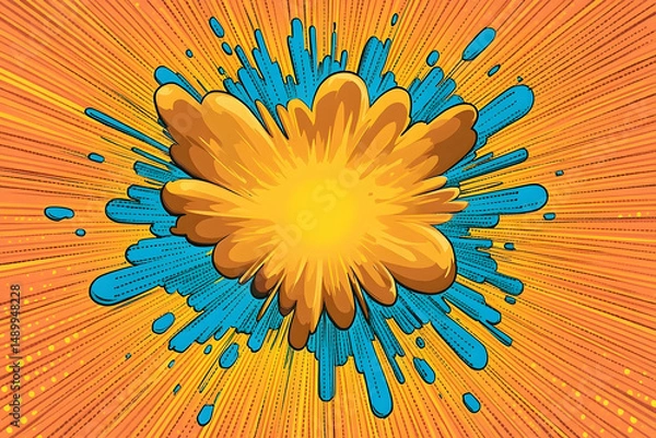 Fototapeta Vibrant, comic book-inspired explosion with yellow core and blue accents on an orange, radiating background