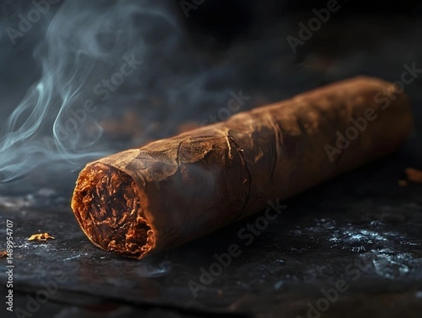 Obraz Slowly burning rolled joint surrounded by smoke indoor setting close-up photography relaxing atmosphere