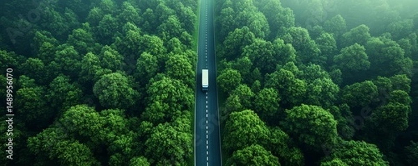 Obraz Aerial View of a White Truck Driving on a Road Through a Lush Green Forest