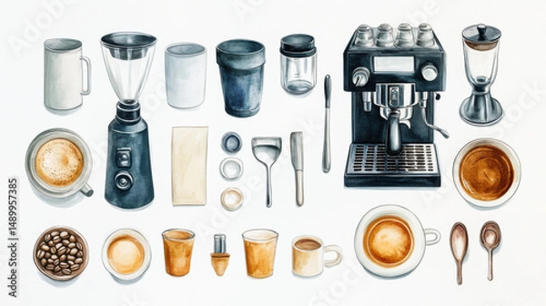 Fototapeta Artistic set of coffee beans and coffee cup drinks isolated on brown background,hand-drawn ,hot coffee drinks,cafe shop,modern flat design,Fashionable and cute coffee motif concept.