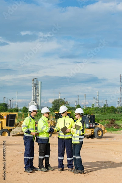 Fototapeta Engineer team project planning outdoor survey team, industry factory construction site. teamwork meeting . cooperation workers