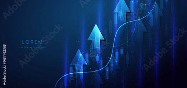 Obraz Abstract arrow up with stock market candlesticks glowing light effedct on dark blue background. Business investment concept.