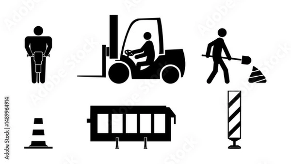 Obraz Set of stick figures, construction and repair, flat vector illustration.