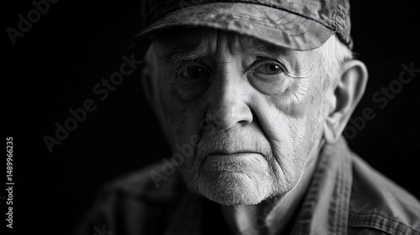 Fototapeta Black and white portrait of an elderly man with a contemplative expression